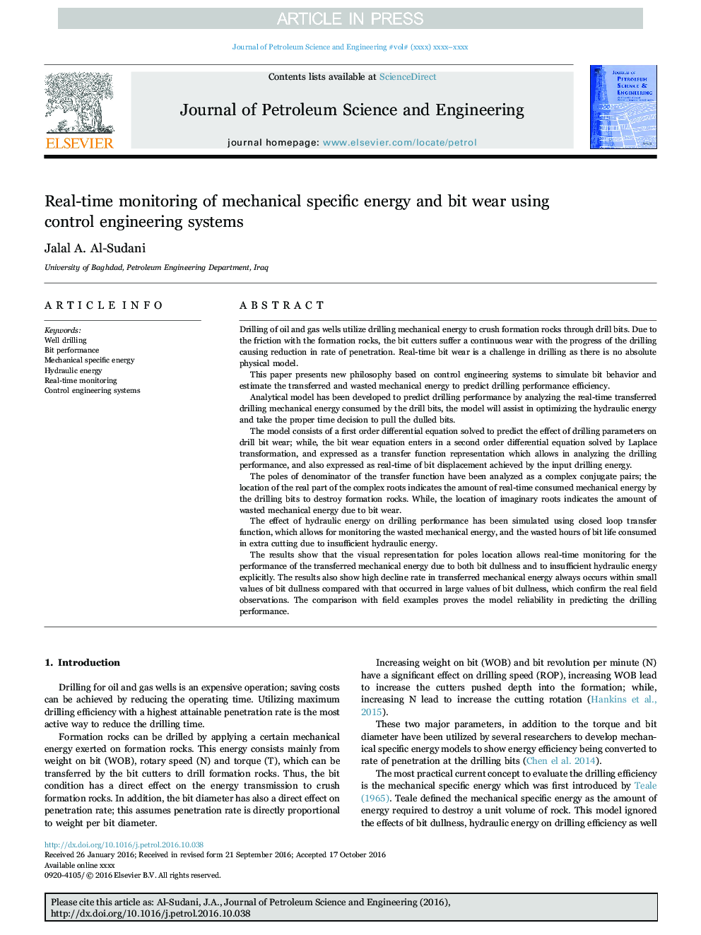 Real-time monitoring of mechanical specific energy and bit wear using control engineering systems