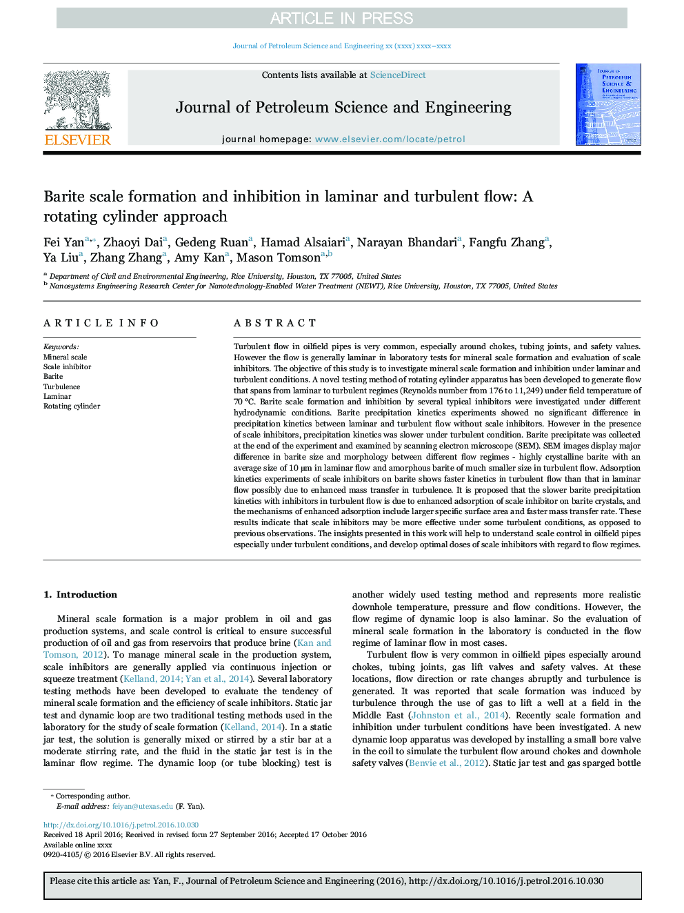 Barite scale formation and inhibition in laminar and turbulent flow: A rotating cylinder approach