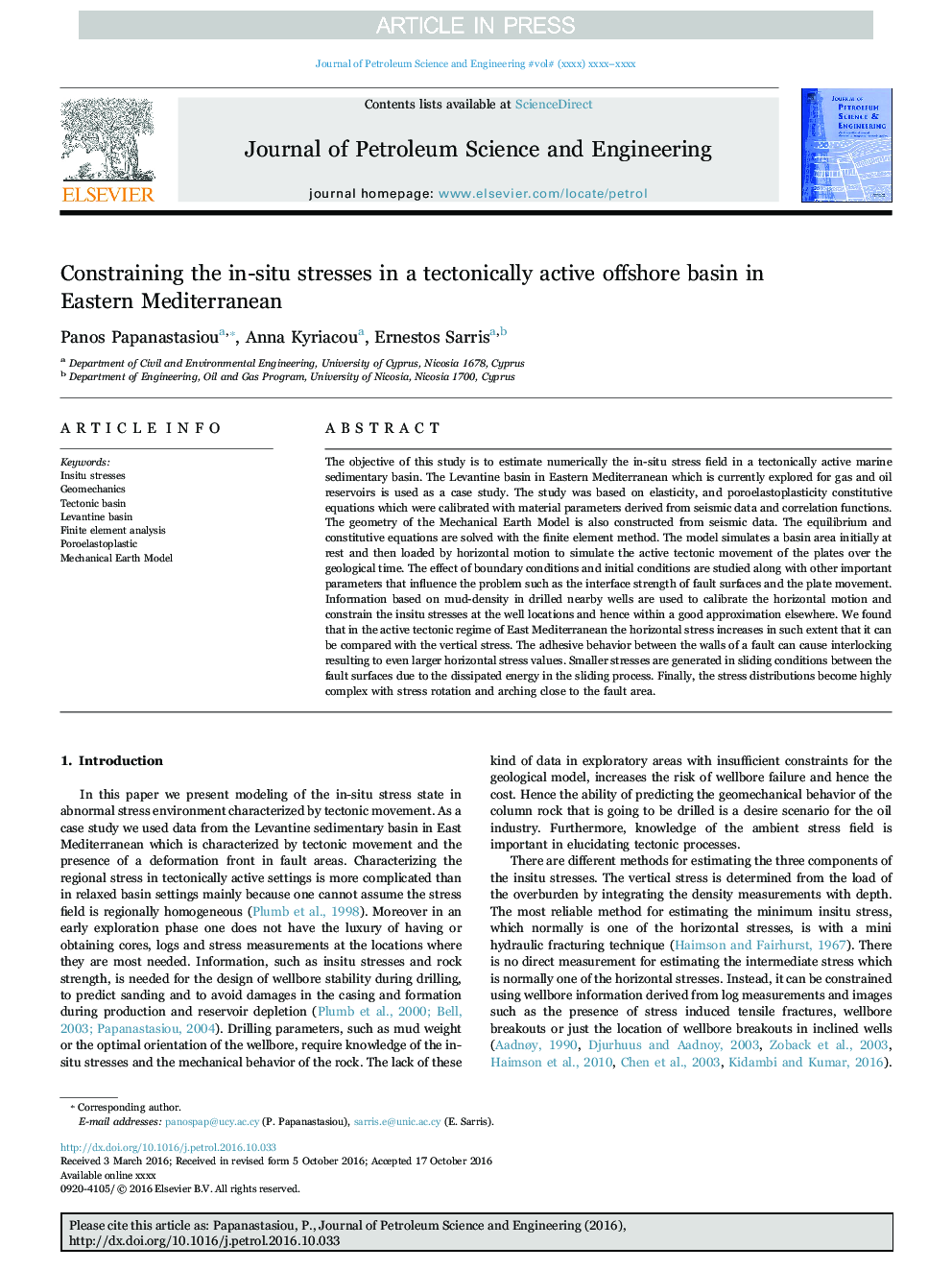 Constraining the in-situ stresses in a tectonically active offshore basin in Eastern Mediterranean