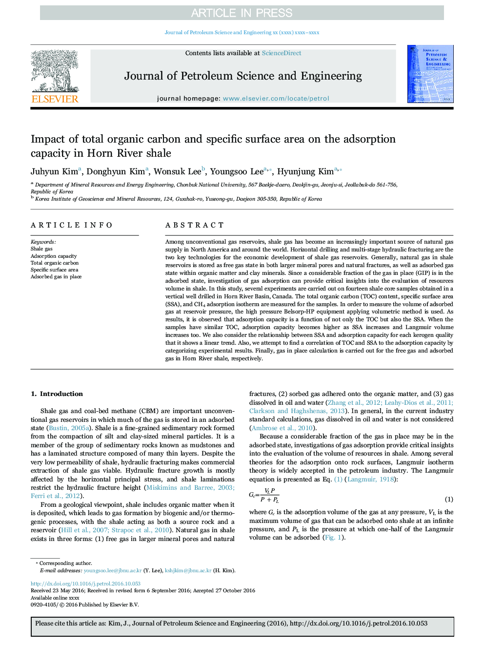 Impact of total organic carbon and specific surface area on the adsorption capacity in Horn River shale