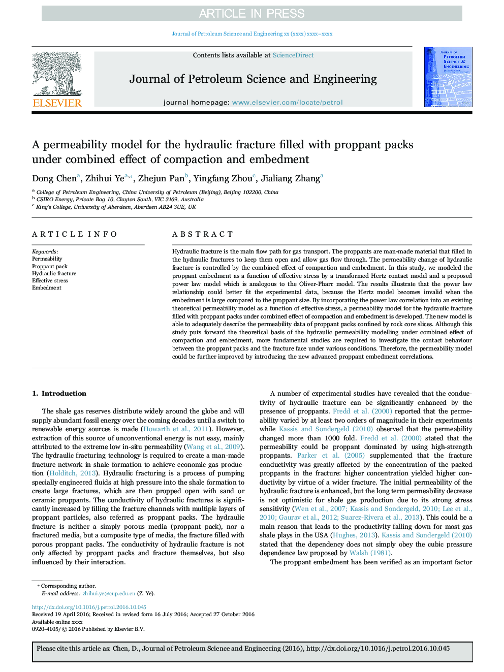 A permeability model for the hydraulic fracture filled with proppant packs under combined effect of compaction and embedment