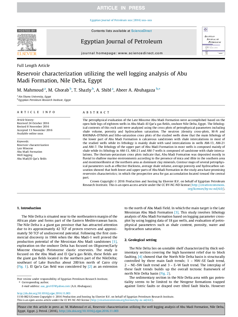 Reservoir characterization utilizing the well logging analysis of Abu Madi Formation, Nile Delta, Egypt