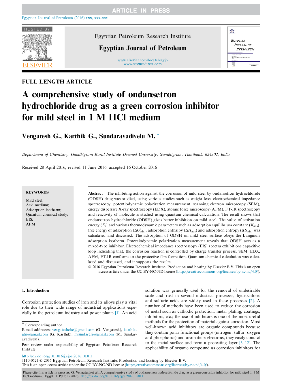 A comprehensive study of ondansetron hydrochloride drug as a green corrosion inhibitor for mild steel in 1Â M HCl medium