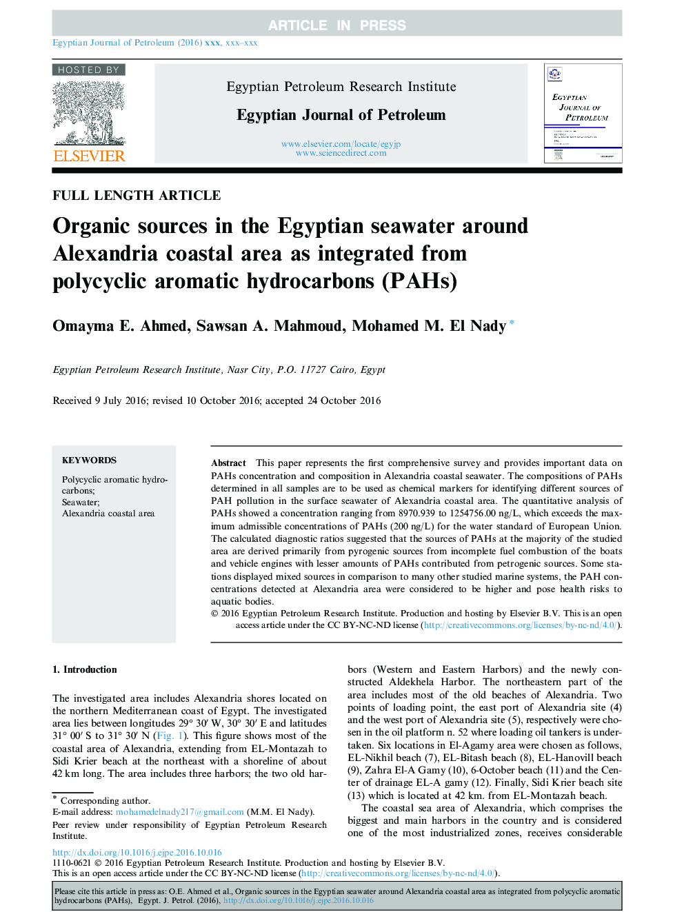 Organic sources in the Egyptian seawater around Alexandria coastal area as integrated from polycyclic aromatic hydrocarbons (PAHs)