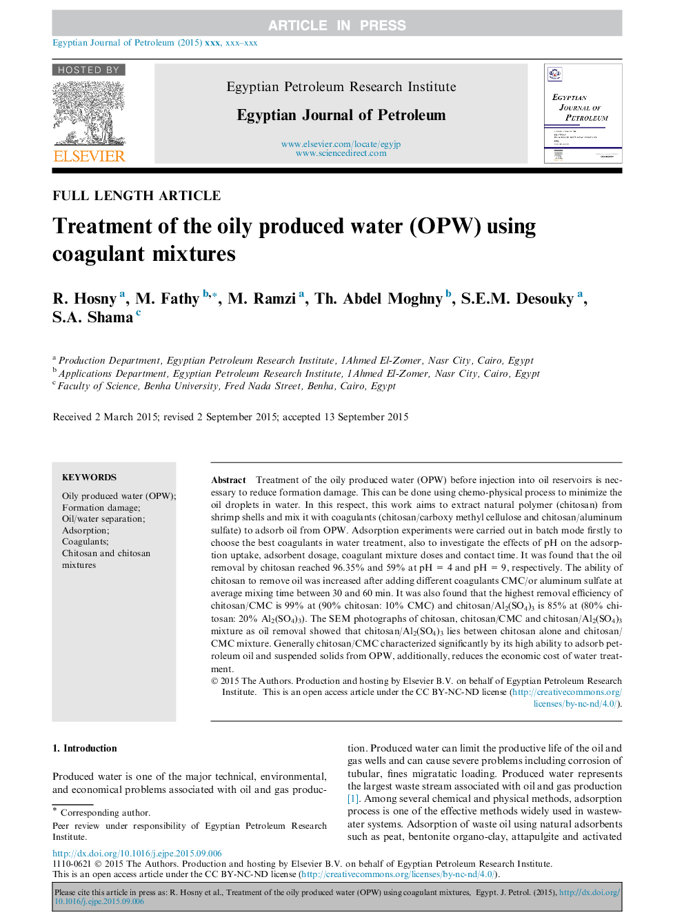 Treatment of the oily produced water (OPW) using coagulant mixtures