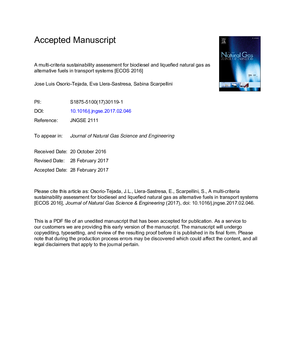 A multi-criteria sustainability assessment for biodiesel and liquefied natural gas as alternative fuels in transport systems