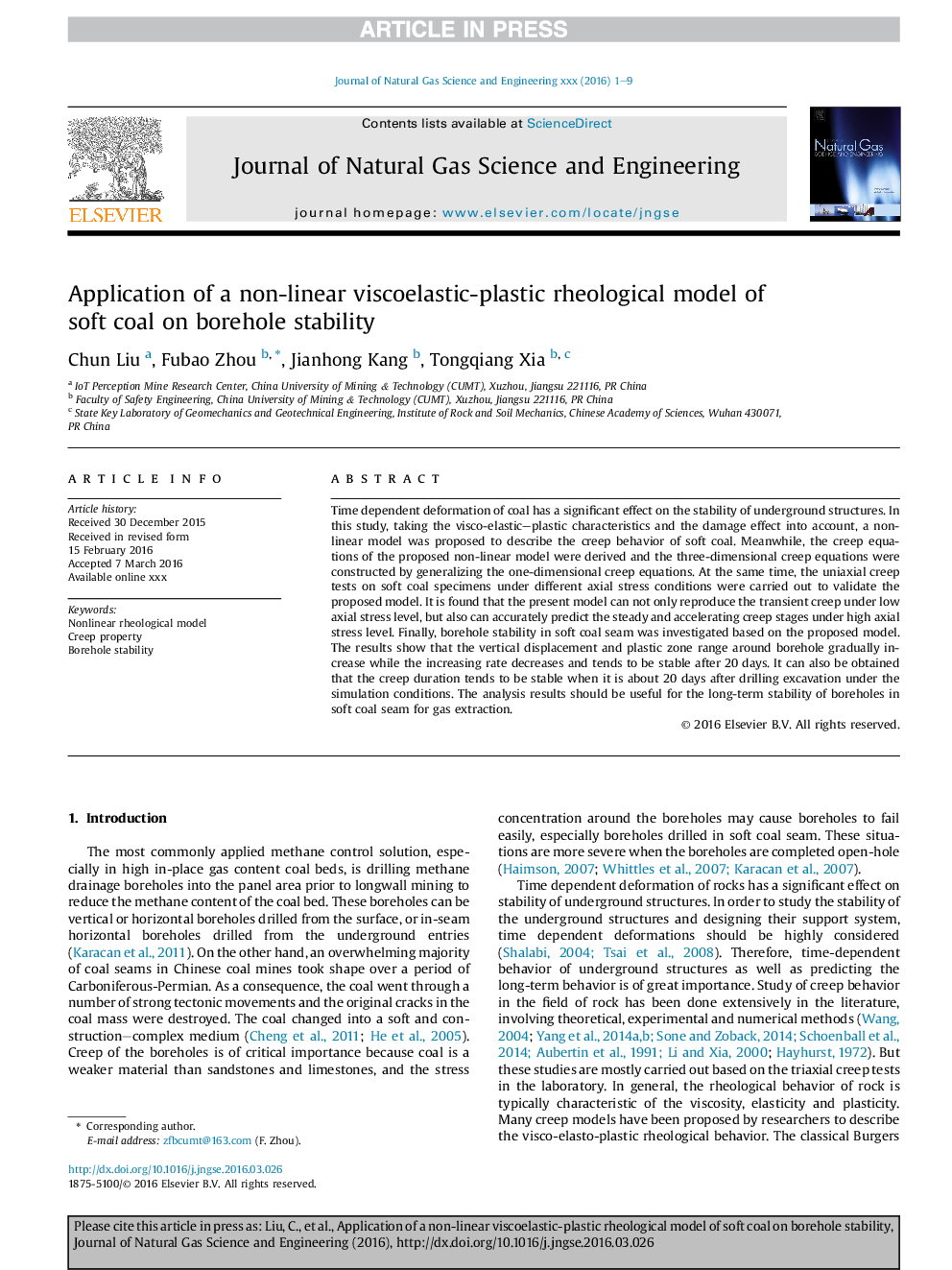 Application of a non-linear viscoelastic-plastic rheological model of soft coal on borehole stability