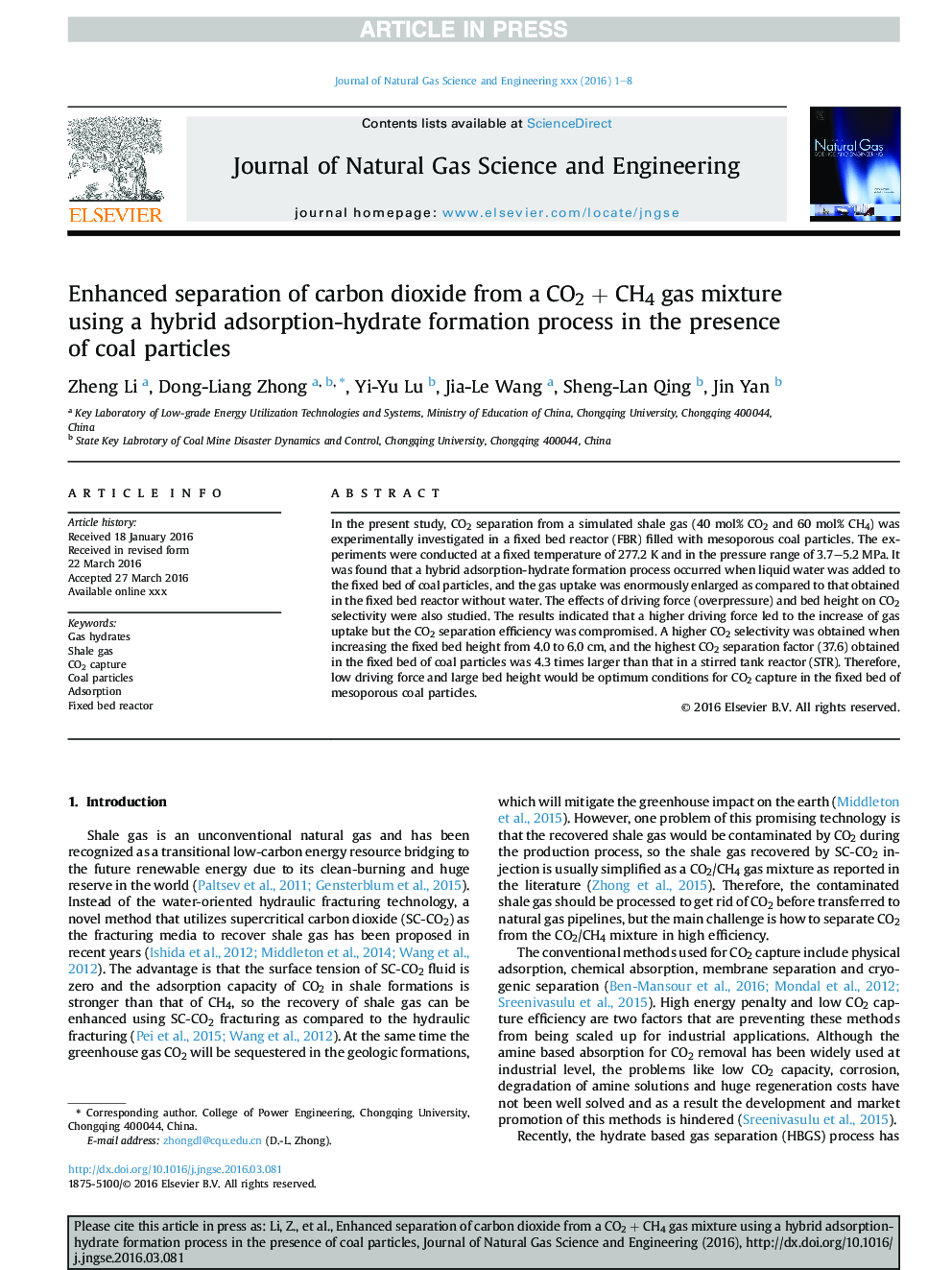 Enhanced separation of carbon dioxide from a CO2Â + CH4 gas mixture using a hybrid adsorption-hydrate formation process in the presence of coal particles