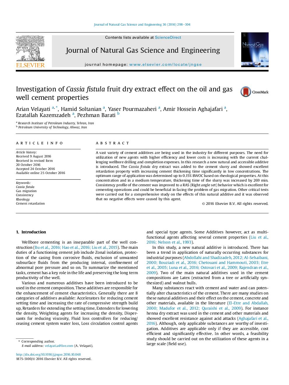 Investigation of Cassia fistula fruit dry extract effect on the oil and gas well cement properties