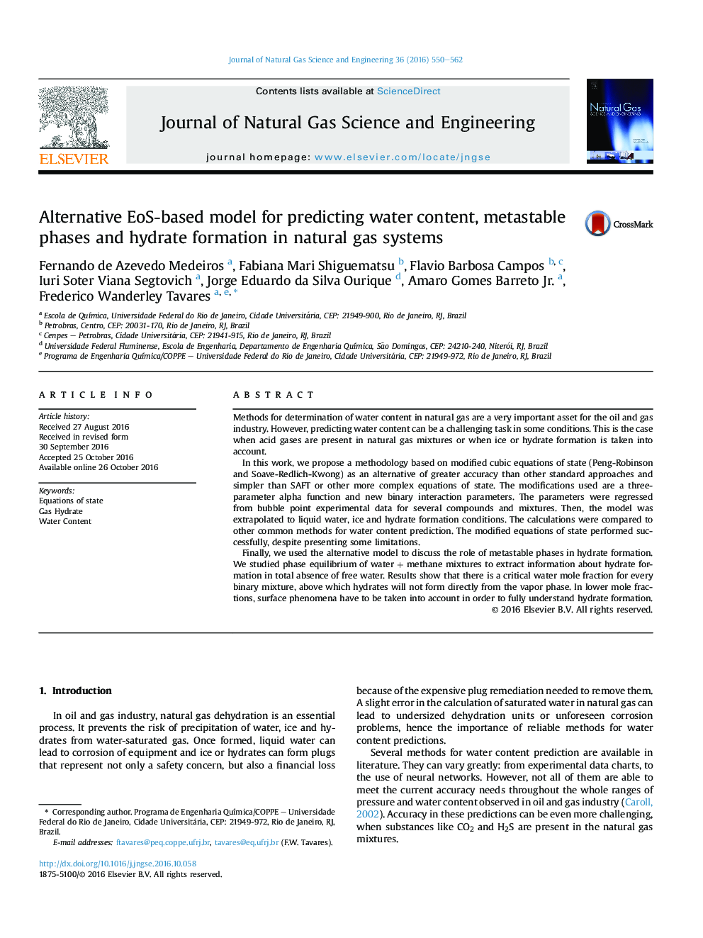 Alternative EoS-based model for predicting water content, metastable phases and hydrate formation in natural gas systems