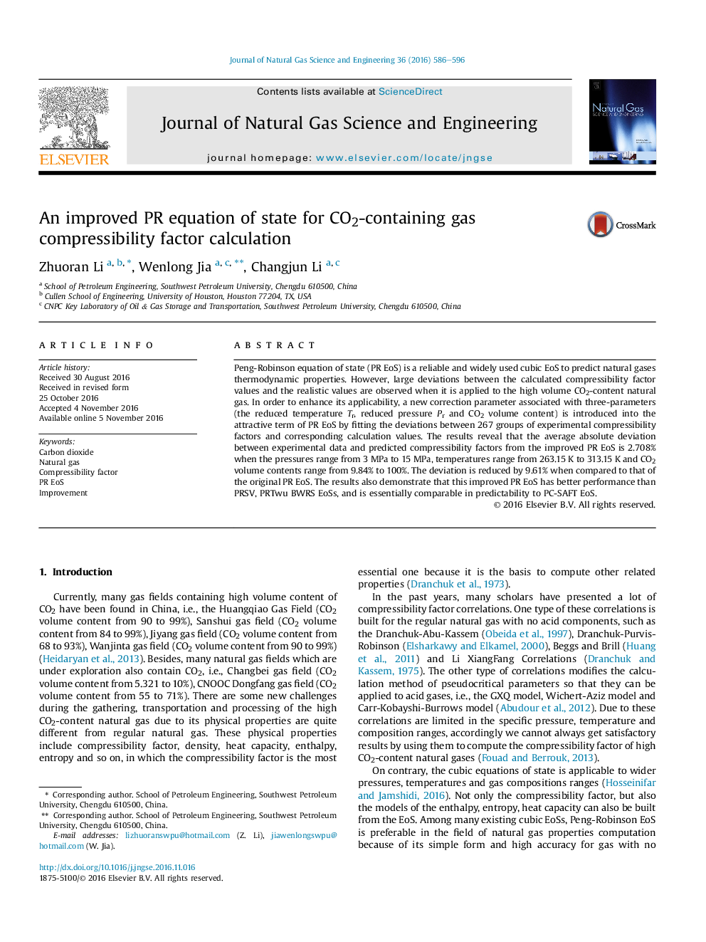 An improved PR equation of state for CO2-containing gas compressibility factor calculation