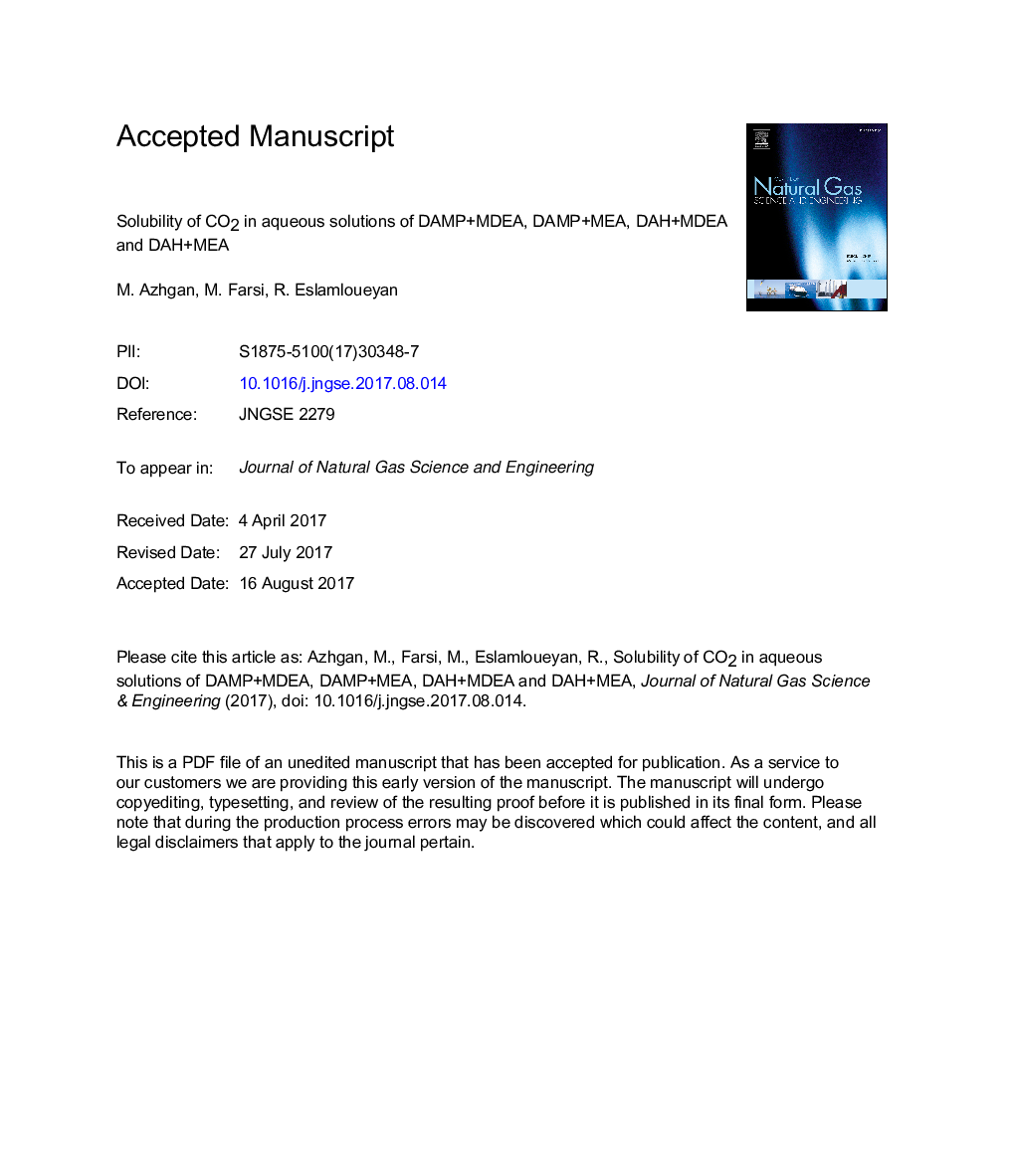 Solubility of CO2 in aqueous solutions of DAMP+MDEA, DAMP+MEA, DAH+MDEA and DAH+MEA