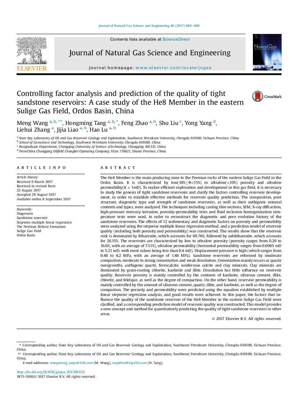 Controlling factor analysis and prediction of the quality of tight sandstone reservoirs: A case study of the He8 Member in the eastern Sulige Gas Field, Ordos Basin, China