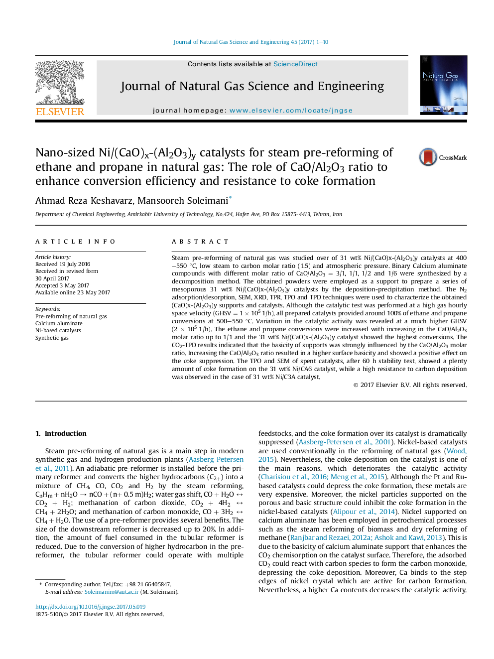 Nano-sized Ni/(CaO)x-(Al2O3)y catalysts for steam pre-reforming of ethane and propane in natural gas: The role of CaO/Al2O3 ratio to enhance conversion efficiency and resistance to coke formation