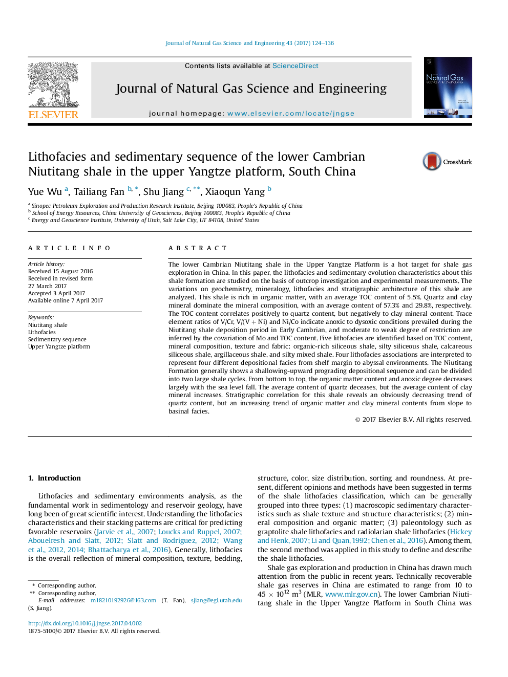 Lithofacies and sedimentary sequence of the lower Cambrian Niutitang shale in the upper Yangtze platform, South China