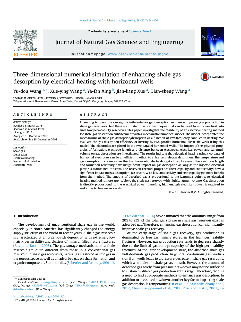 Three-dimensional numerical simulation of enhancing shale gas desorption by electrical heating with horizontal wells