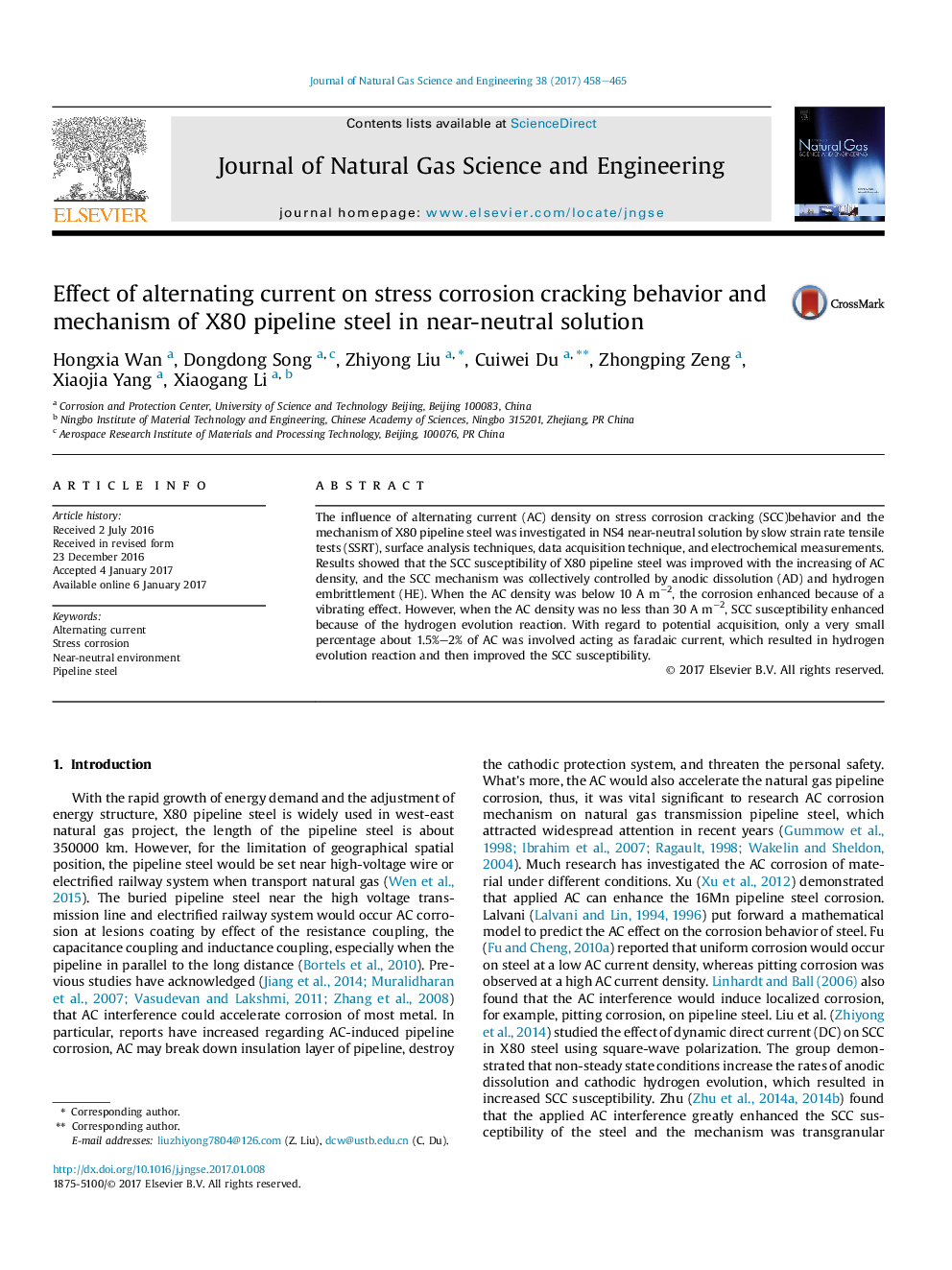 Effect of alternating current on stress corrosion cracking behavior and mechanism of X80 pipeline steel in near-neutral solution