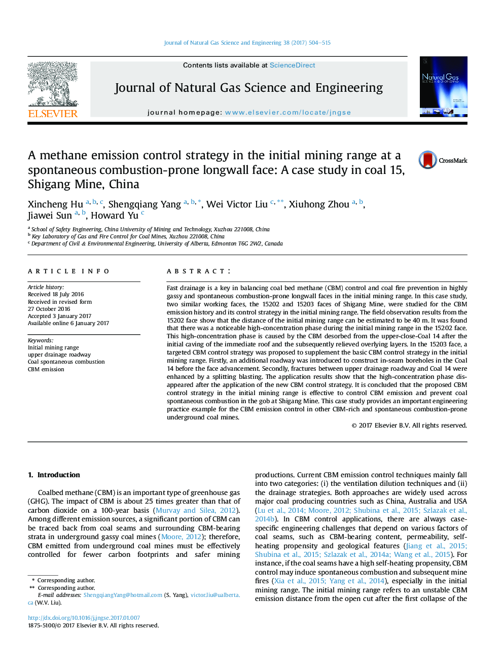 استراتژی کنترل انتشار گاز متان در محدوده اولیه معدن در یک چاه مستطیلی مستعد احتراق: مطالعه موردی در زغال سنگ 15، معدن شانگانگ، چین 
