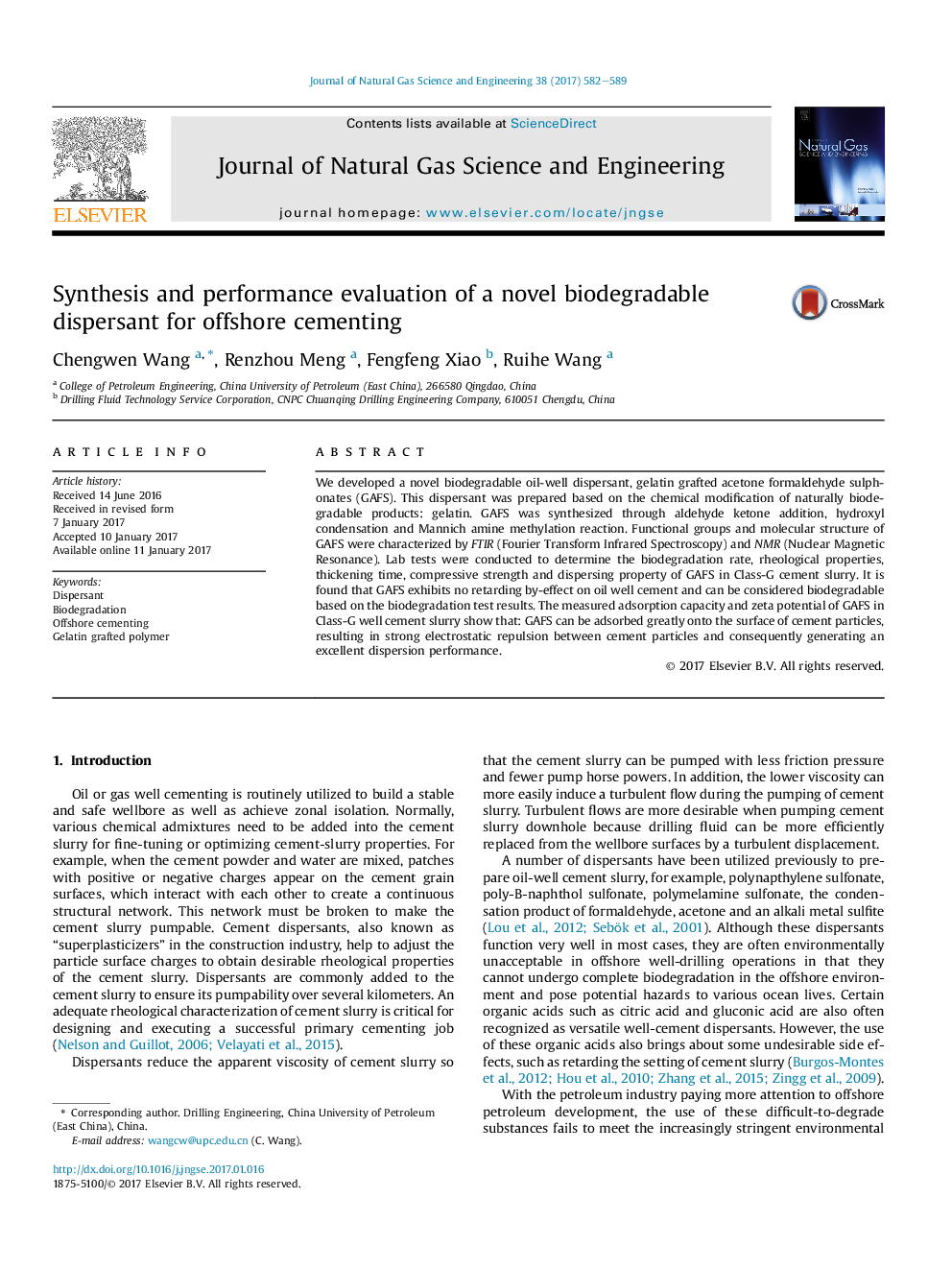 Synthesis and performance evaluation of a novel biodegradable dispersant for offshore cementing