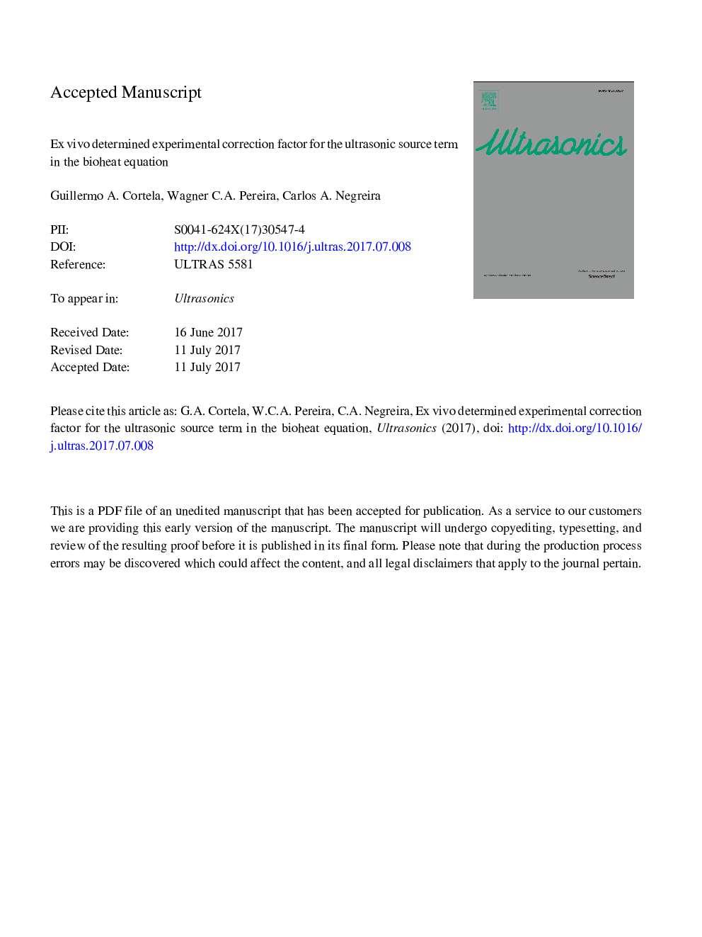 Ex vivo determined experimental correction factor for the ultrasonic source term in the bioheat equation