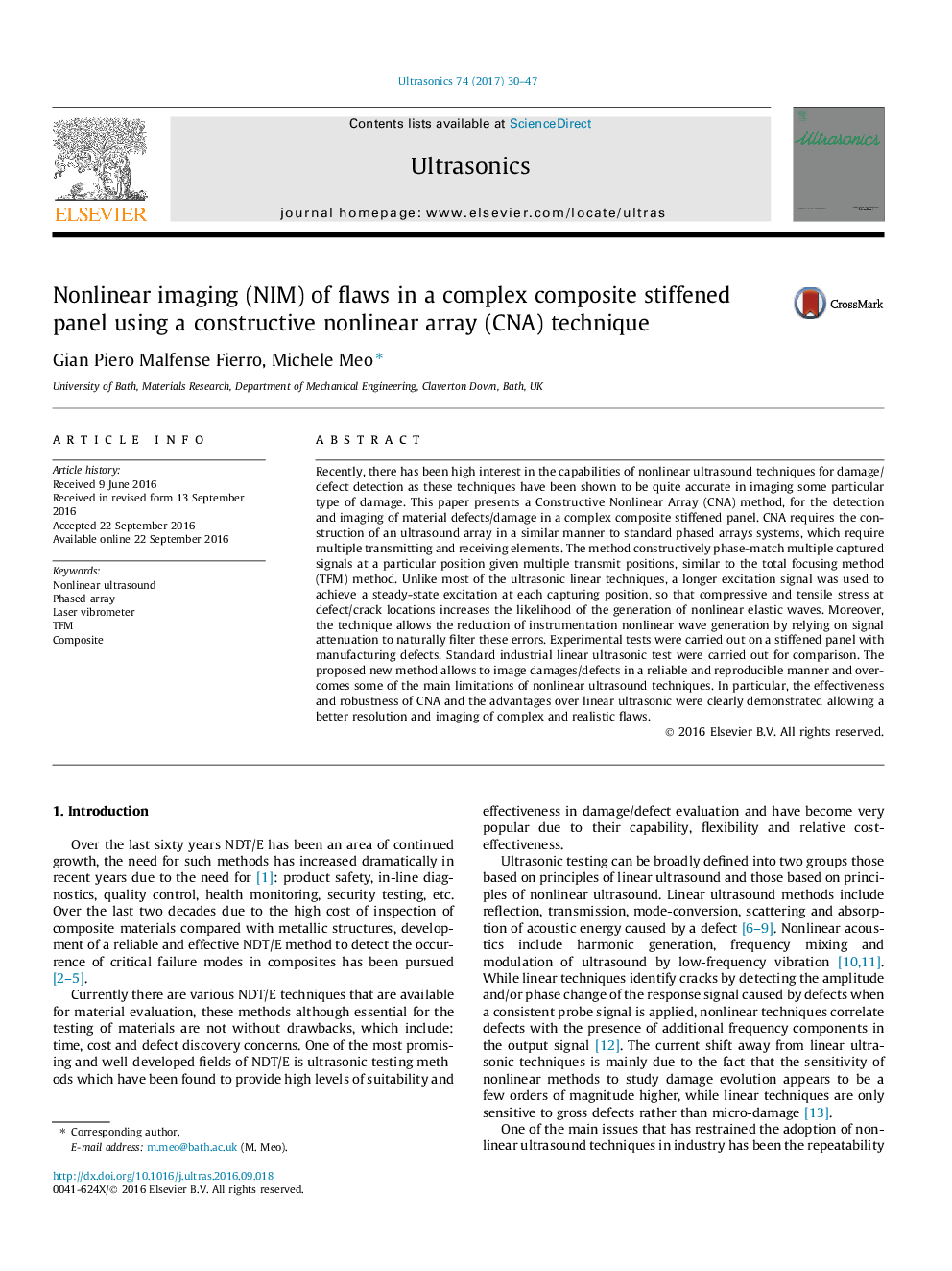 عکس صفحه اول مقاله: Nonlinear imaging (NIM) of flaws in a complex composite stiffened panel using a constructive nonlinear array (CNA) technique Nonlinear imaging (NIM) of flaws in a complex composite stiffened panel using a constructive nonlinear array (CNA) technique