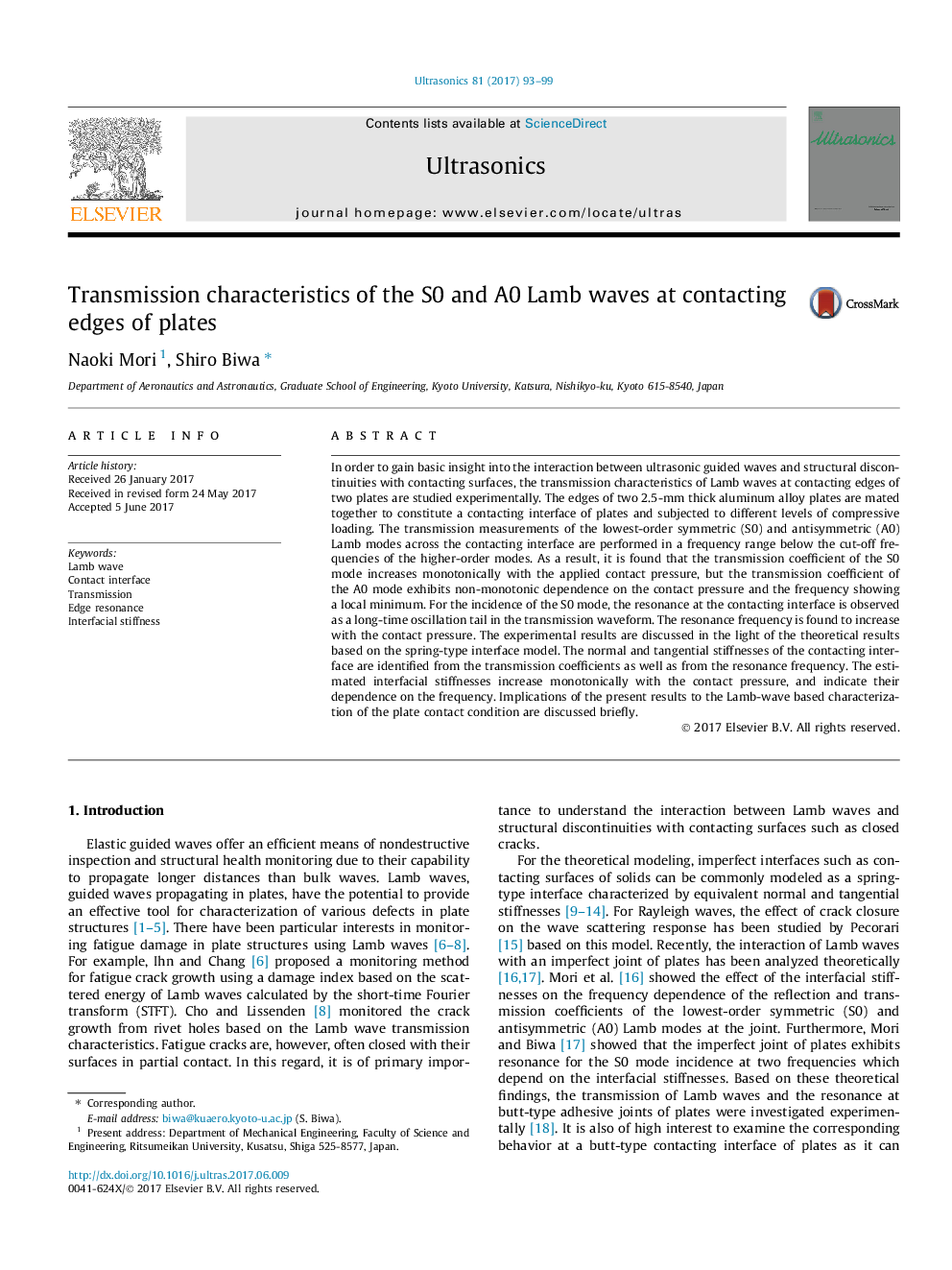 Transmission characteristics of the S0 and A0 Lamb waves at contacting edges of plates