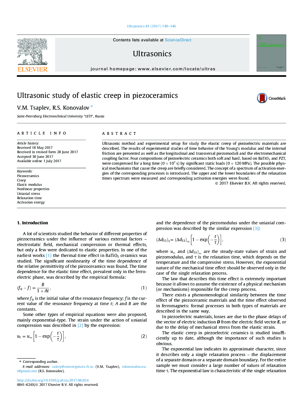 Ultrasonic study of elastic creep in piezoceramics