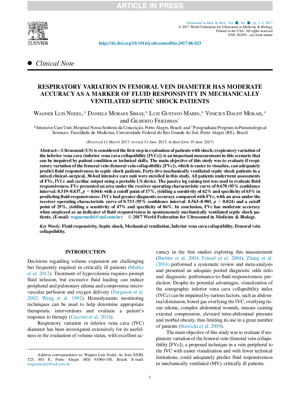 تغییرات تنفسی در قطر وین فمورال دارای دقت متوسط ​​است به عنوان نشانگر پاسخ دهنده مایع در بیماران مبتلا به شوک مصنوعی تهویه 