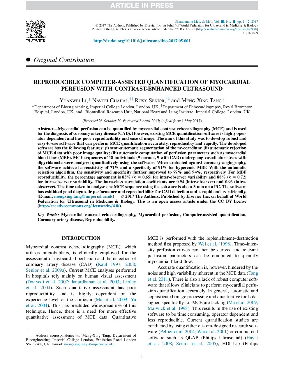 Reproducible Computer-Assisted Quantification of Myocardial Perfusion with Contrast-Enhanced Ultrasound