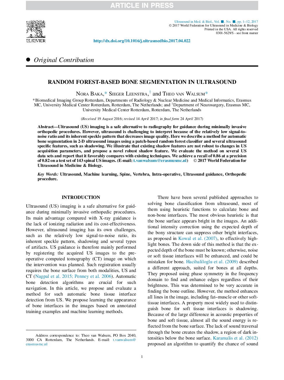 Random Forest-Based Bone Segmentation in Ultrasound