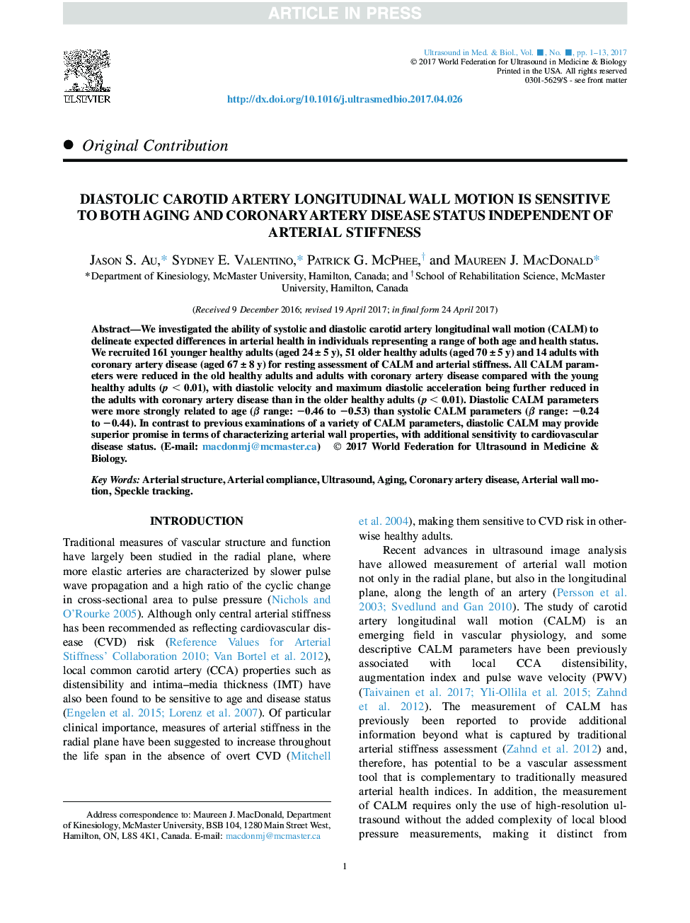 Diastolic Carotid Artery Longitudinal Wall Motion Is Sensitive to Both Aging and Coronary Artery Disease Status Independent of Arterial Stiffness