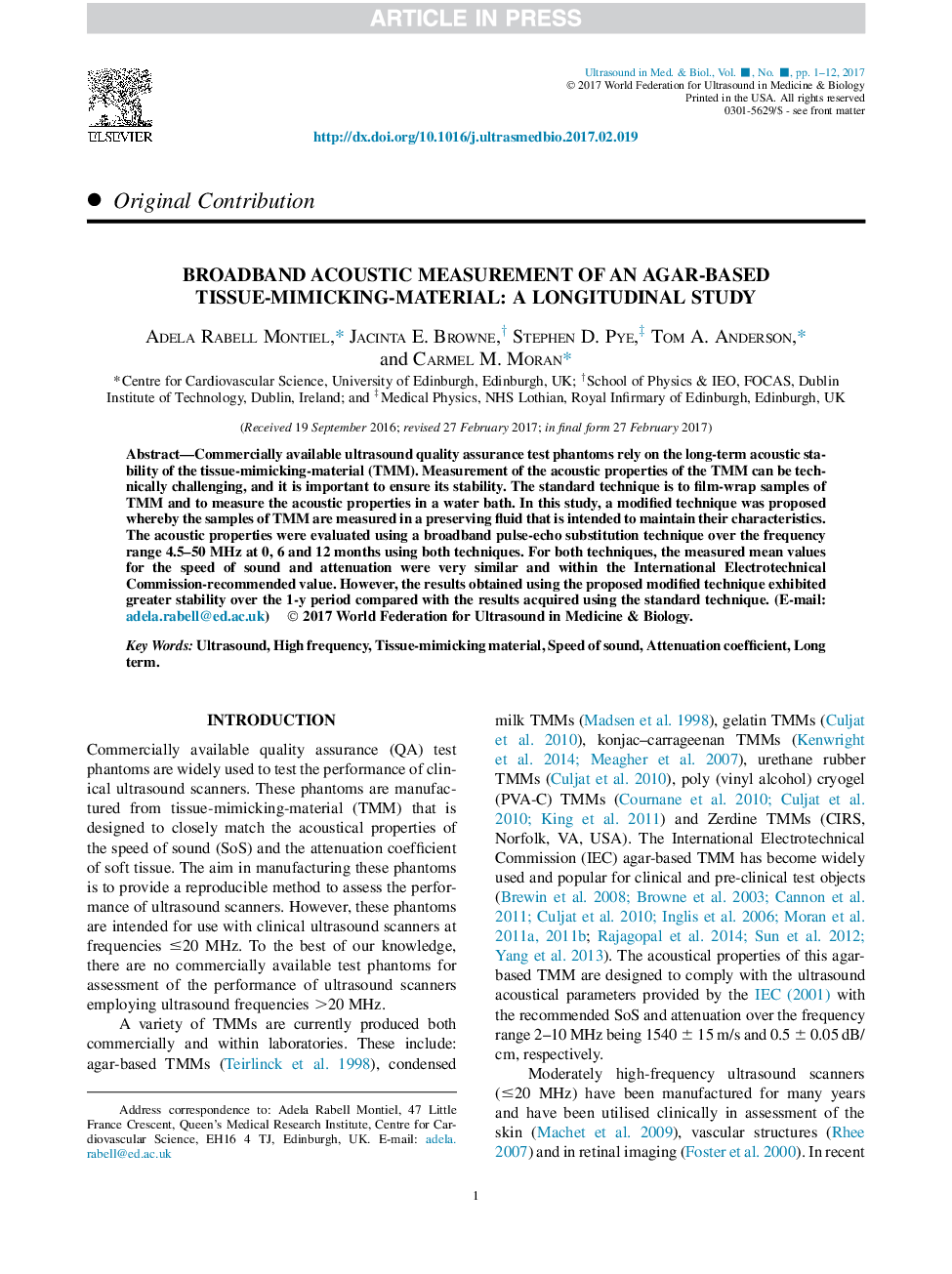 Broadband Acoustic Measurement of an Agar-Based Tissue-Mimicking-Material: A Longitudinal Study