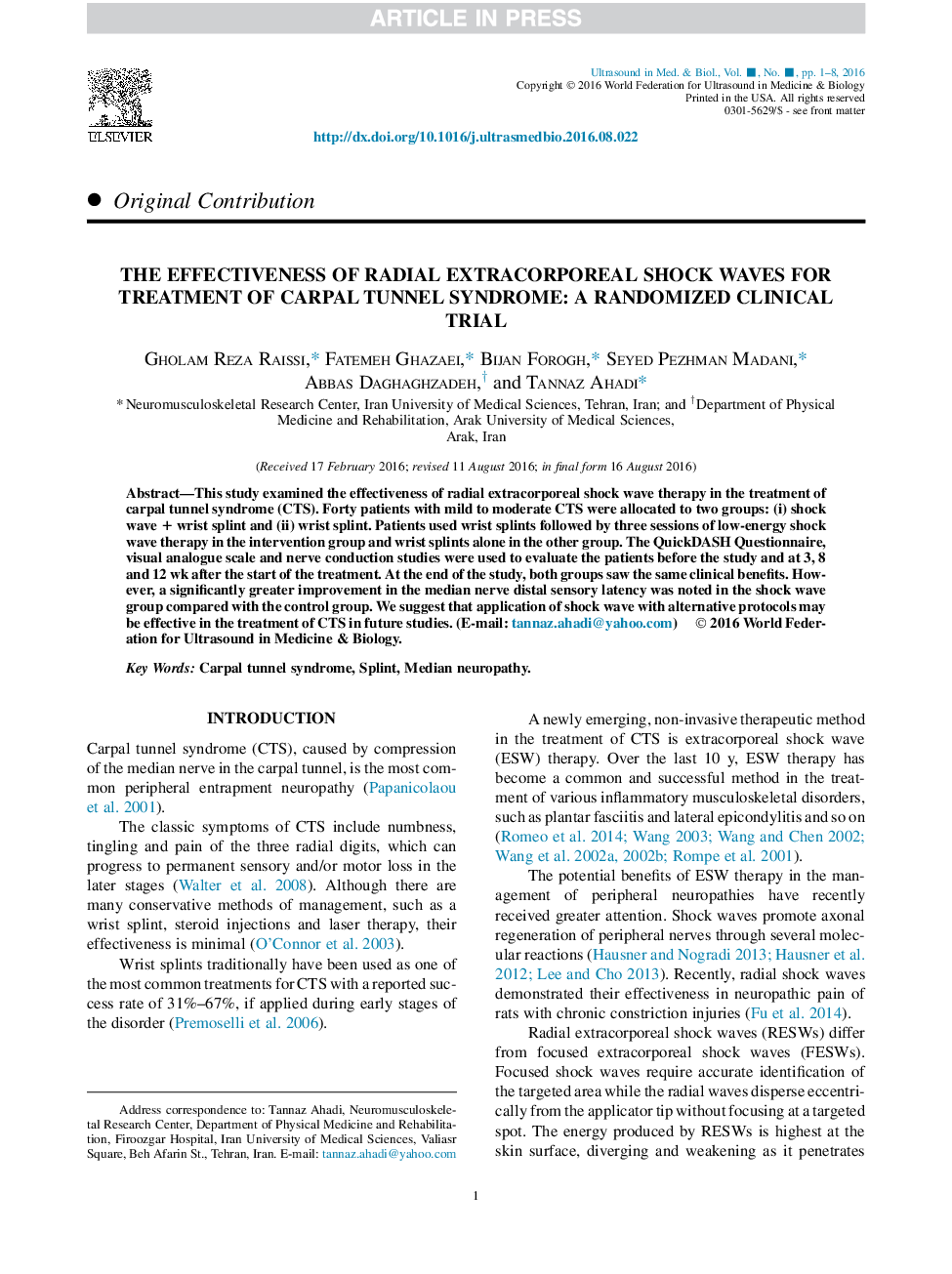 The Effectiveness of Radial Extracorporeal Shock Waves for Treatment of Carpal Tunnel Syndrome: A Randomized Clinical Trial