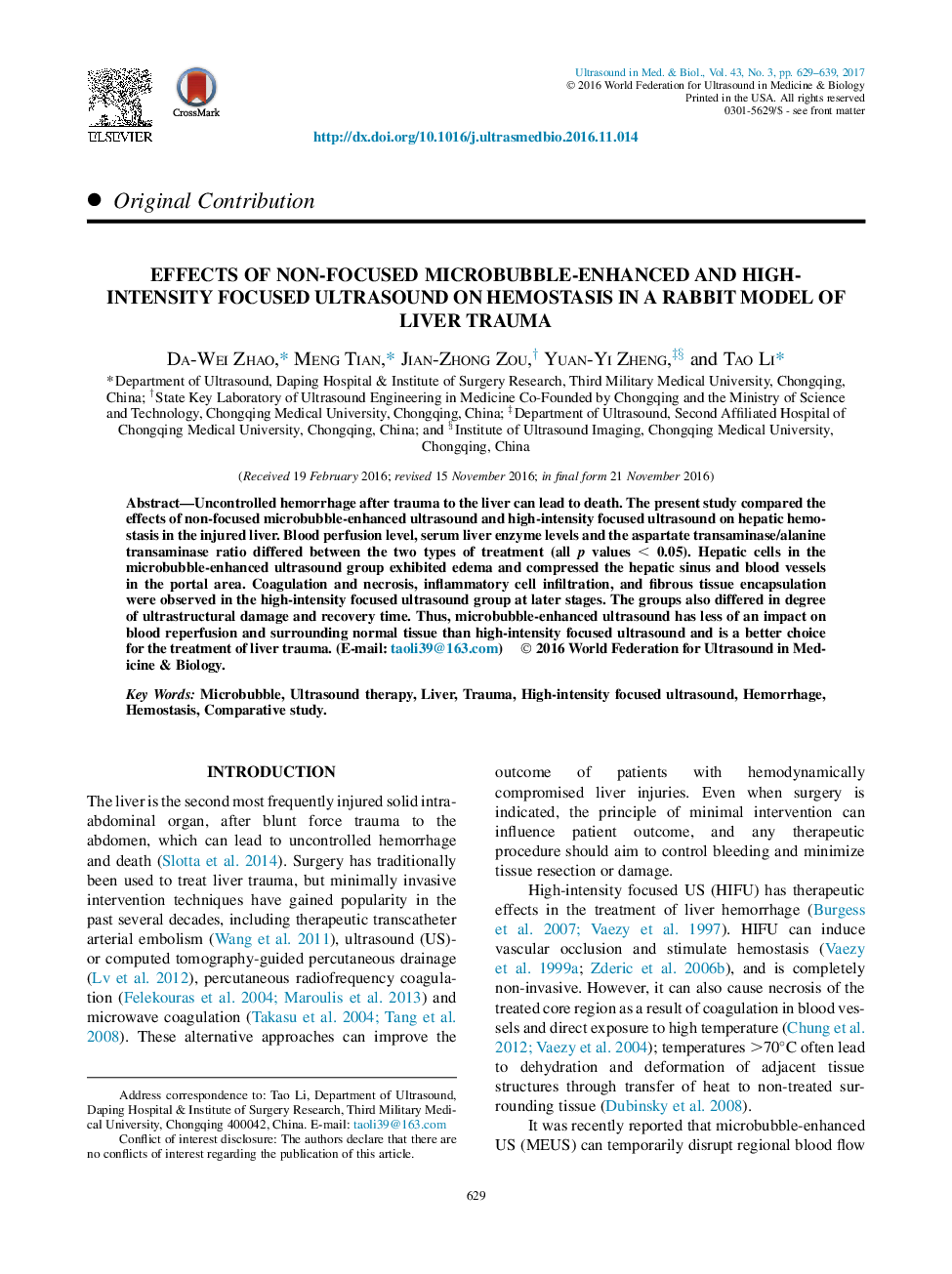 Effects of Non-Focused Microbubble-Enhanced and High-Intensity Focused Ultrasound on Hemostasis in a Rabbit Model of Liver Trauma