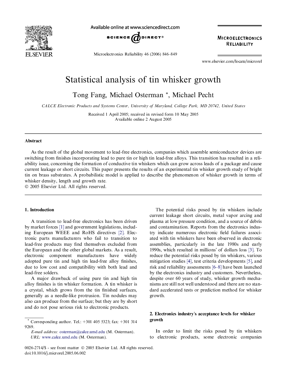 Statistical analysis of tin whisker growth