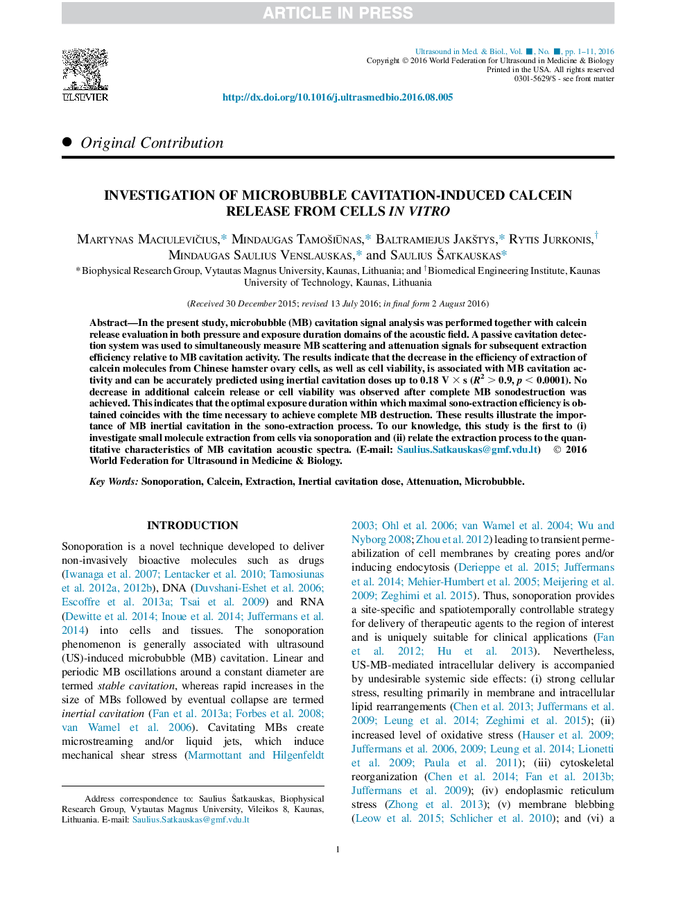 Investigation of Microbubble Cavitation-Induced Calcein Release from Cells InÂ Vitro