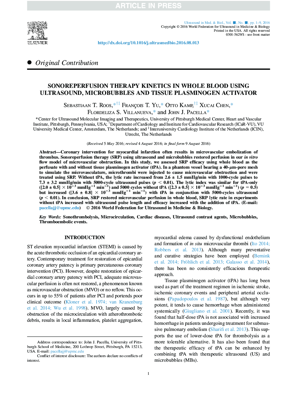 Sonoreperfusion Therapy Kinetics in Whole Blood Using Ultrasound, Microbubbles and Tissue Plasminogen Activator