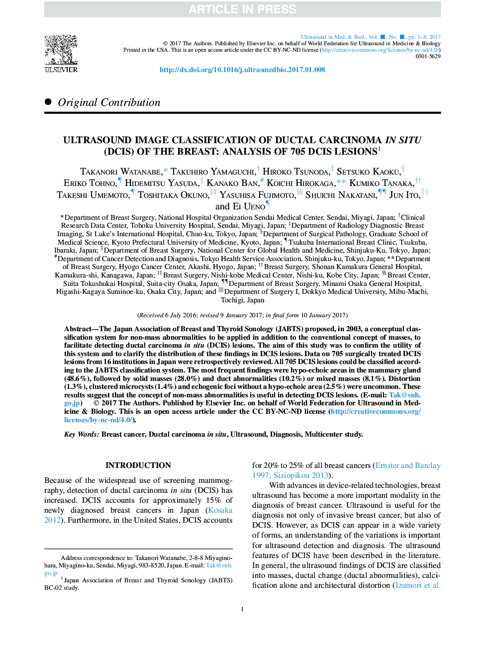 Ultrasound Image Classification of Ductal Carcinoma In Situ (DCIS) of the Breast: Analysis of 705 DCIS Lesions1