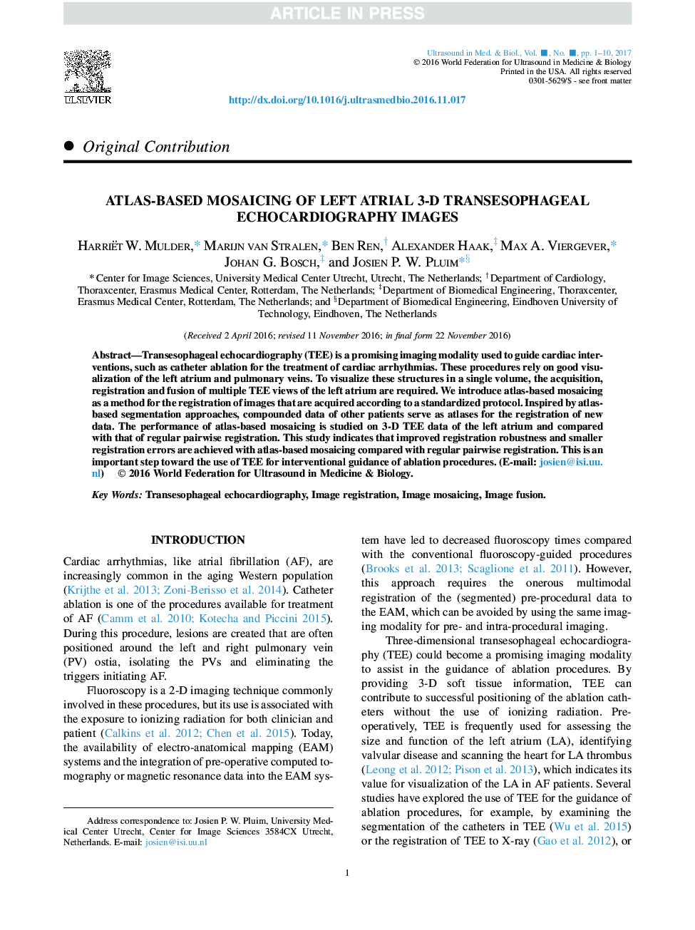 Atlas-Based Mosaicing of Left Atrial 3-D Transesophageal Echocardiography Images