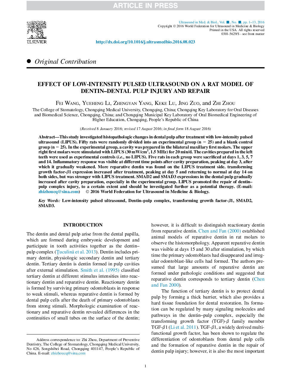 تأثیر سونوگرافی پالس با شدت کم بر روی یک مدل موش دچار آسیب و تعمیر پالپ دندان-دندان 