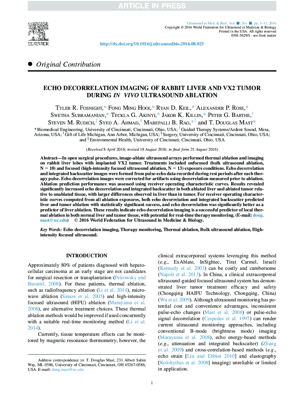 Echo Decorrelation Imaging of Rabbit Liver and VX2 Tumor during InÂ Vivo Ultrasound Ablation