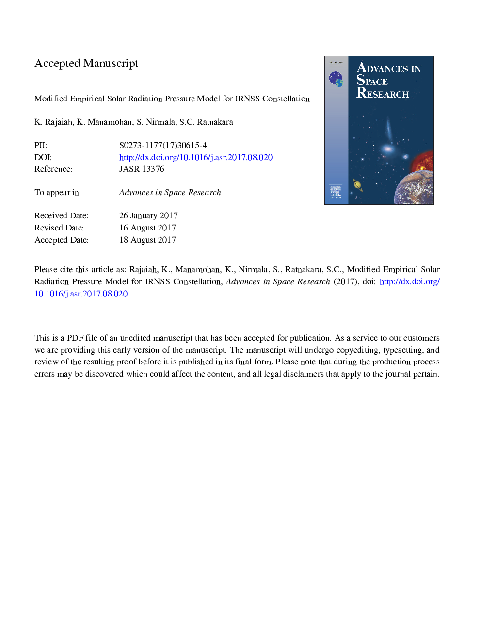 Modified empirical Solar Radiation Pressure model for IRNSS constellation