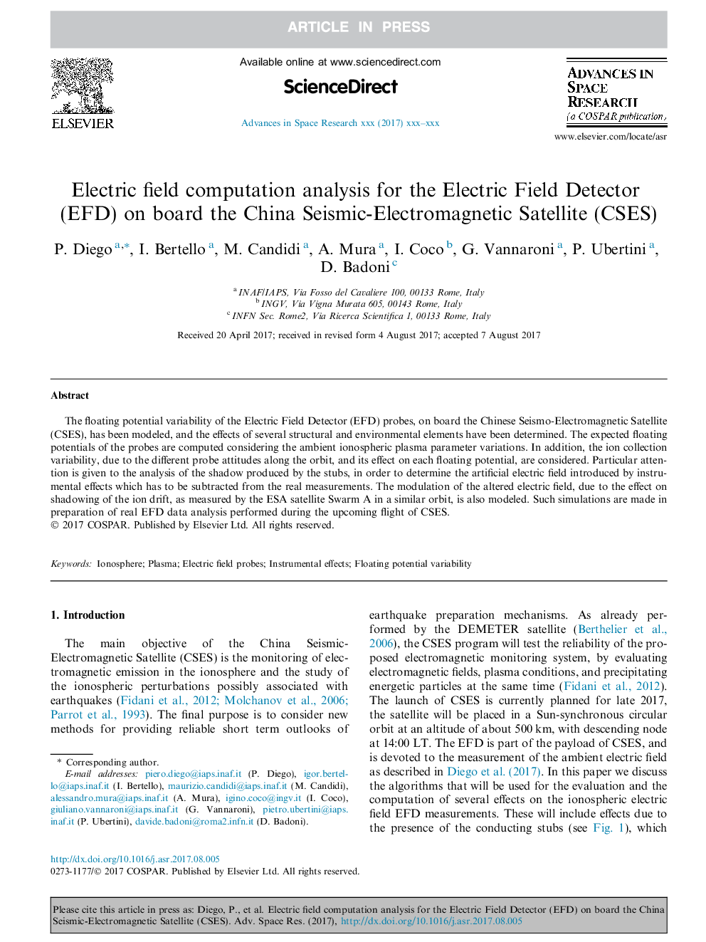 عکس صفحه اول مقاله: Electric field computation analysis for the Electric Field Detector (EFD) on board the China Seismic-Electromagnetic Satellite (CSES) Electric field computation analysis for the Electric Field Detector (EFD) on board the China Seismic-Electromagnetic Satellite (CSES)