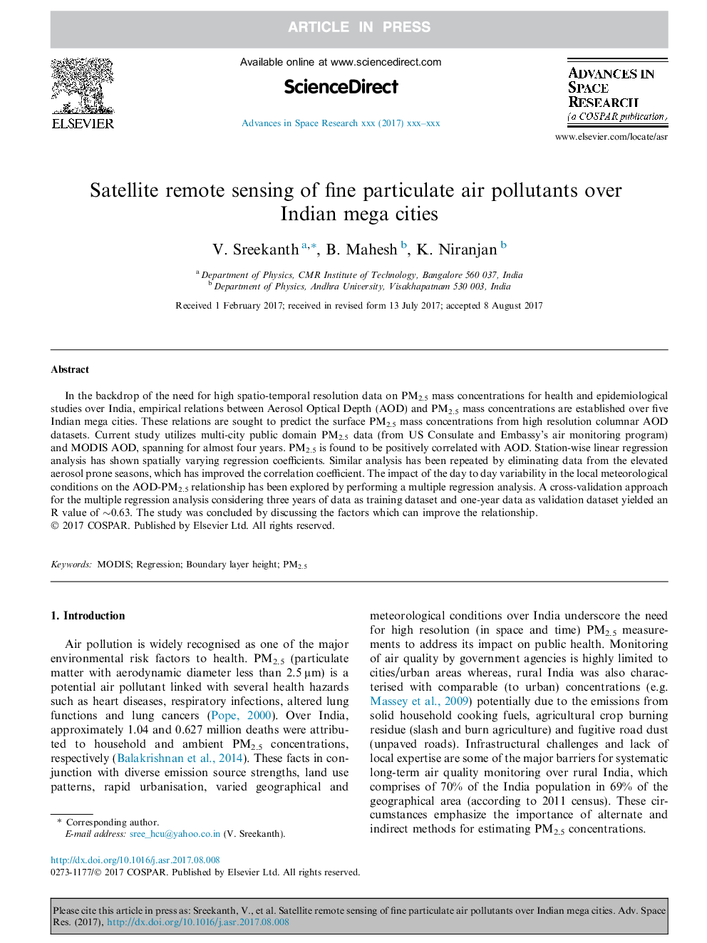 Satellite remote sensing of fine particulate air pollutants over Indian mega cities