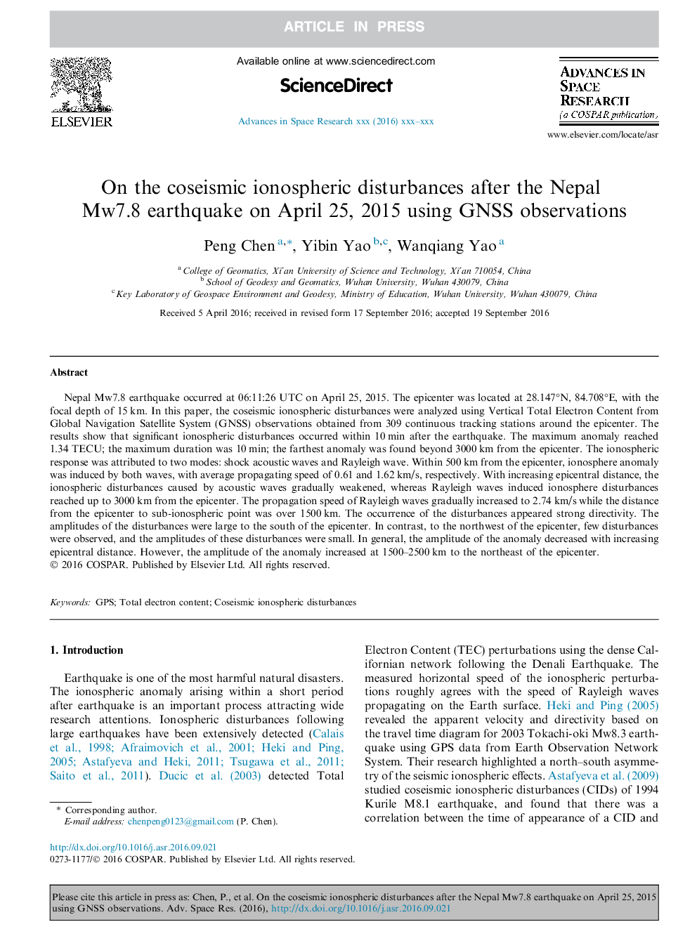 On the coseismic ionospheric disturbances after the Nepal Mw7.8 earthquake on April 25, 2015 using GNSS observations