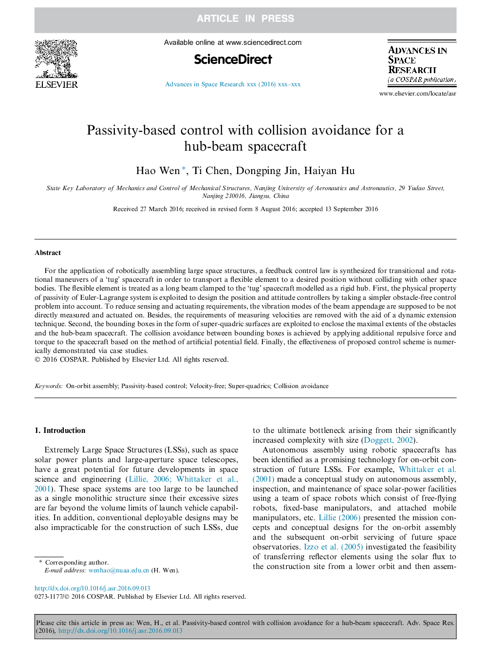 Passivity-based control with collision avoidance for a hub-beam spacecraft