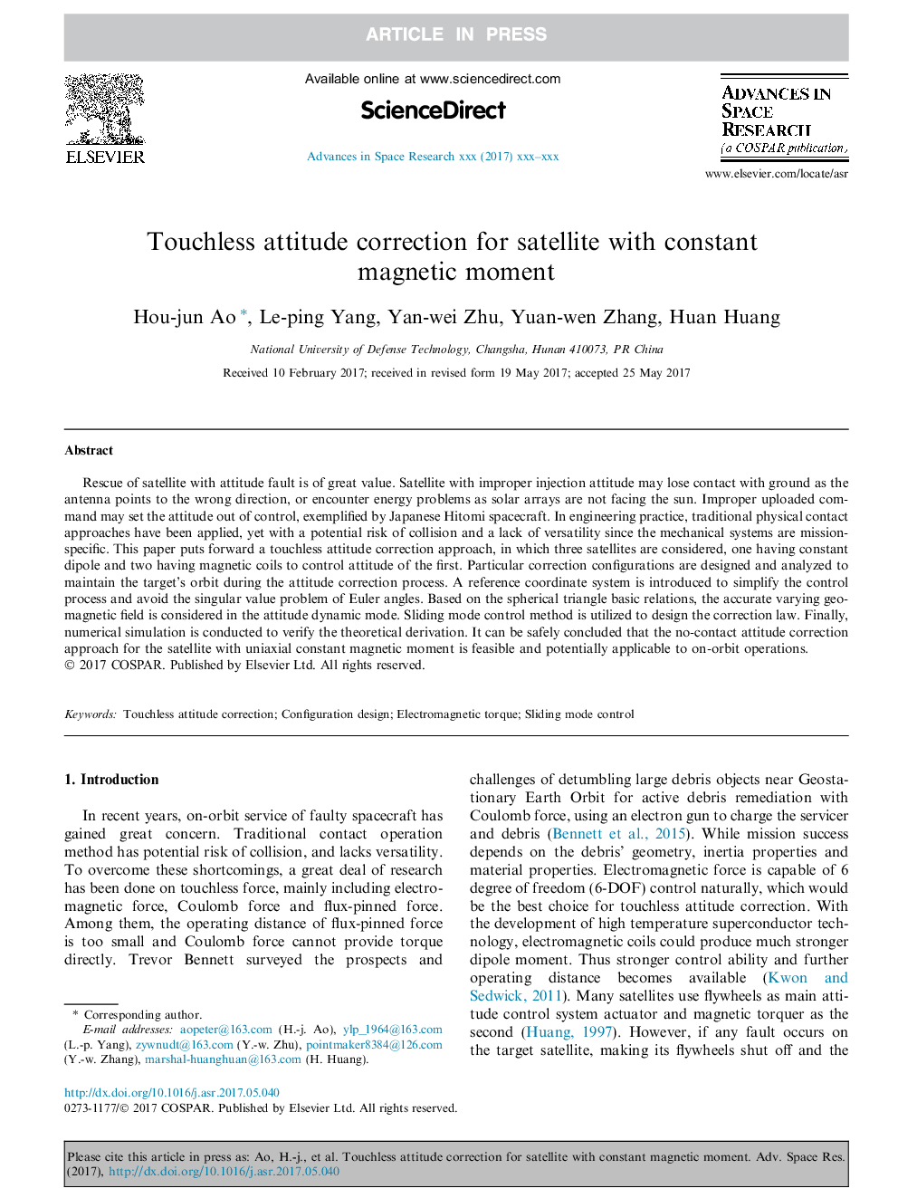 Touchless attitude correction for satellite with constant magnetic moment