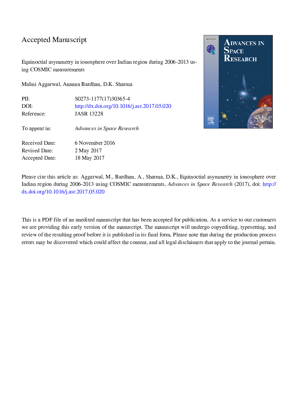 Equinoctial asymmetry in ionosphere over Indian region during 2006-2013 using COSMIC measurements