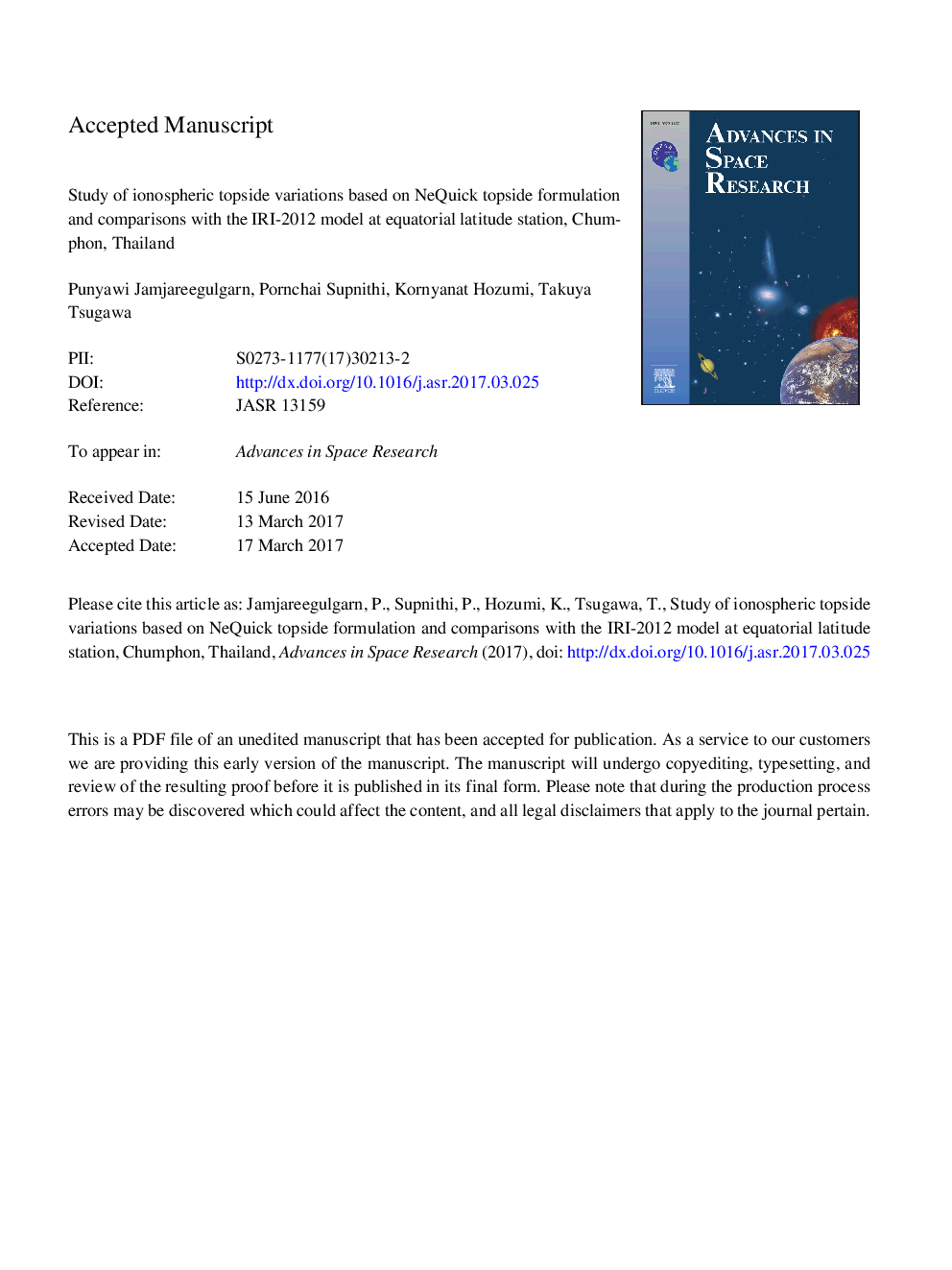 Study of ionospheric topside variations based on NeQuick topside formulation and comparisons with the IRI-2012 model at equatorial latitude station, Chumphon, Thailand