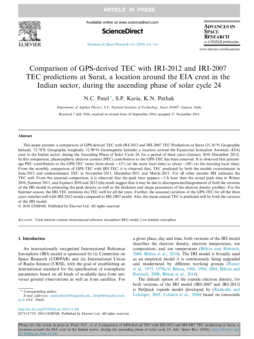 Comparison of GPS-derived TEC with IRI-2012 and IRI-2007 TEC predictions at Surat, a location around the EIA crest in the Indian sector, during the ascending phase of solar cycle 24